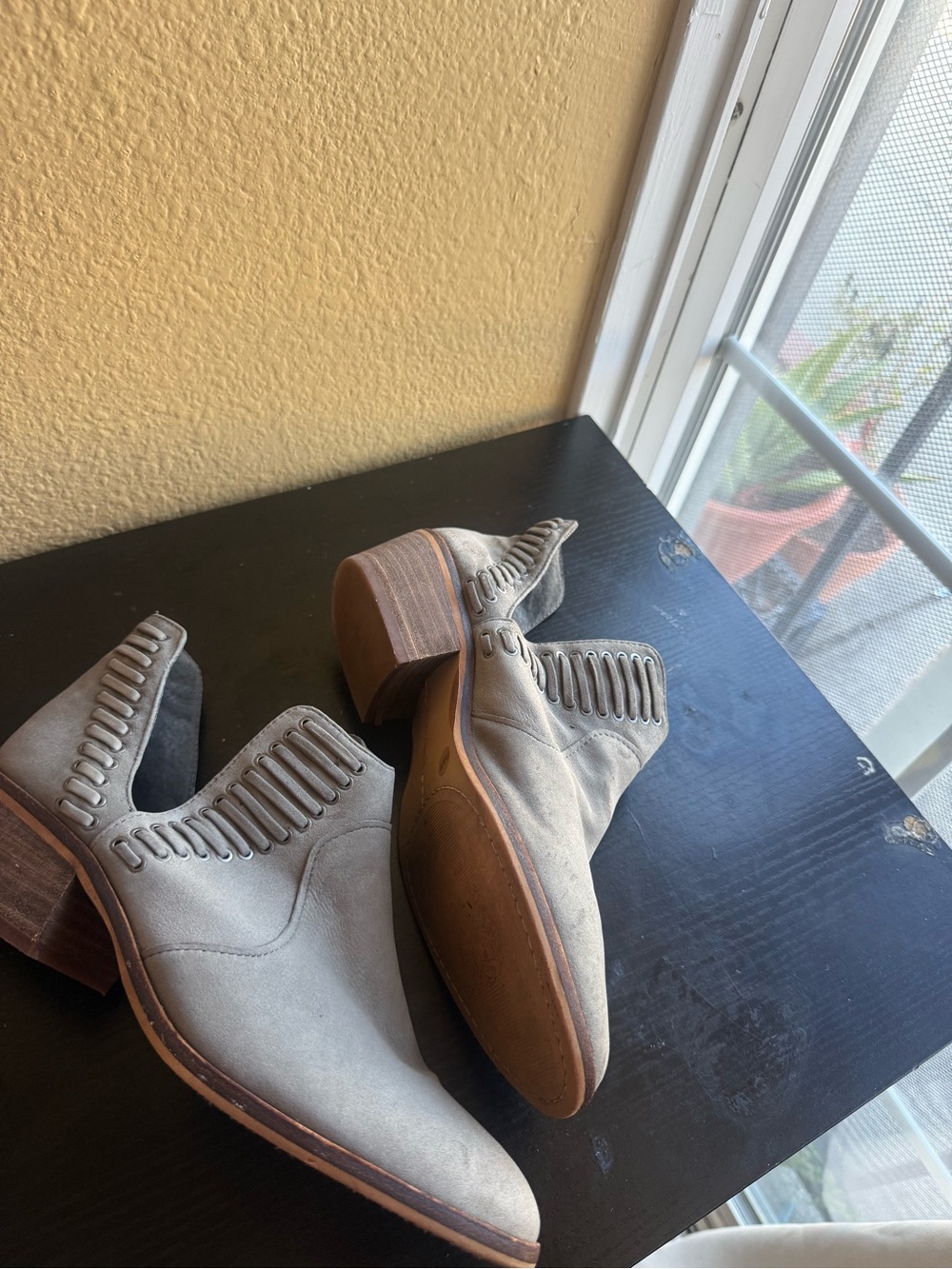 Vince Camuto Light Gray Suede Ankle Booties with Stacked Heel